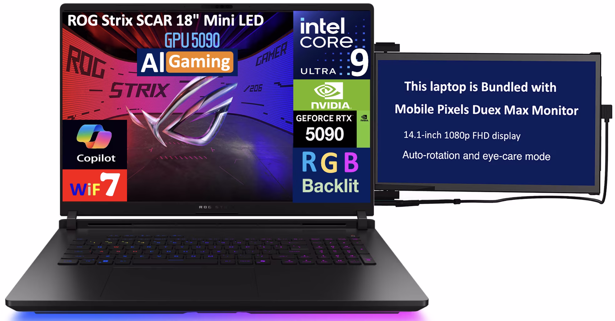 ASUS ROG Strix SCAR AI Gaming Laptop 18in 240Hz Mini LED WQXGA Display (Intel Ultra 9- 275HX, NVIDIA GeForce RTX 5090 24GB, 32GB DDR5, 2x8TB PCIe SSD (16TB), RGB KB, Win 11 Pro) w/Duex Max DS Monitor