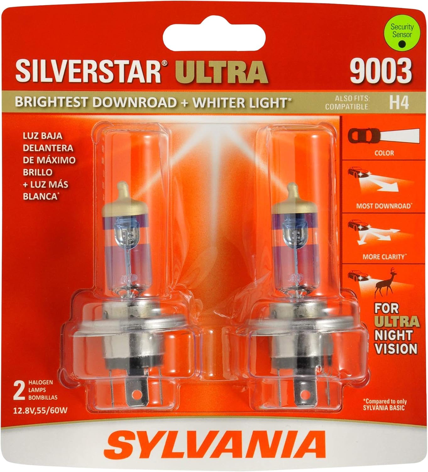 SYLVANIA - 9003 SilverStar Ultra - High Performance Halogen Headlight Bulb, High Beam, Low Beam and Fog Replacement Bulb, Brightest Downroad with Whiter Light, Tri-Band Technology (Contains 2 Bulbs) Pack of 2