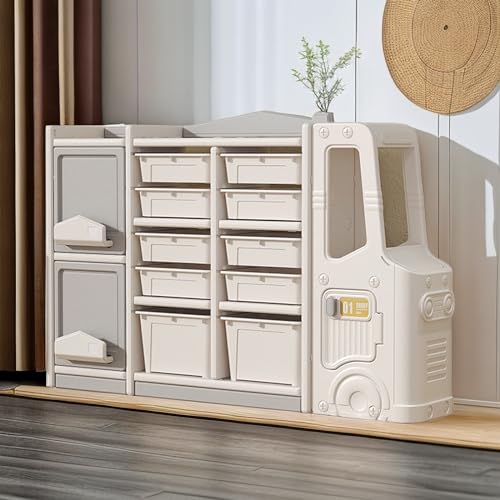 Toy Storage Organizer for Kids, Children Storage Cabinet Organizer for Books and Toys with 10 Bins 2 Cabinets 3 Shelves and Train Engine, Multipurpose Storage for Playroom Nursery Kindergarten