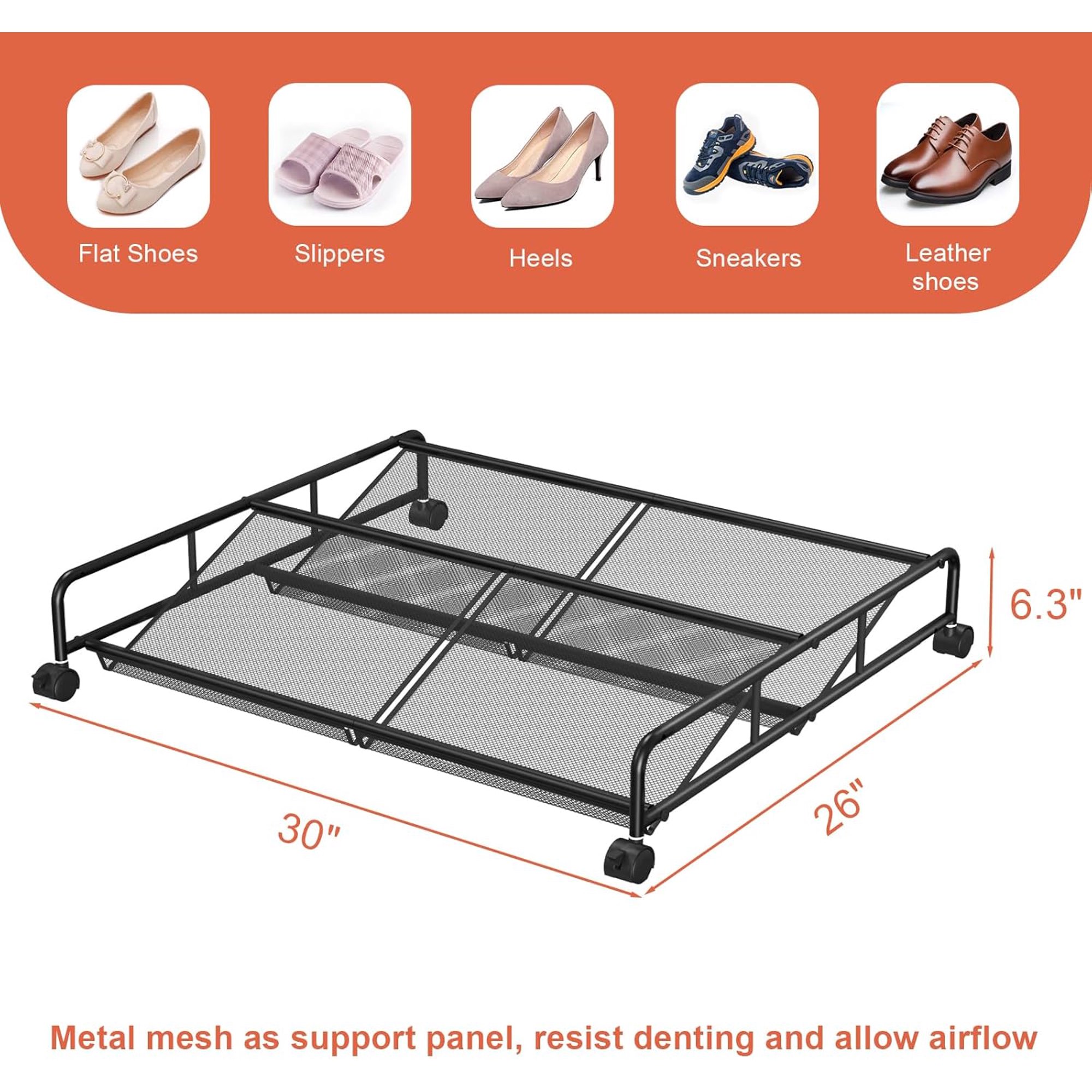Under Bed Shoe Storage Organizer, 2 Pack Metal Mesh Under Bed Storage Containers with Wheels, Shoe Organizer Drawer Space Saving for Bedroom
