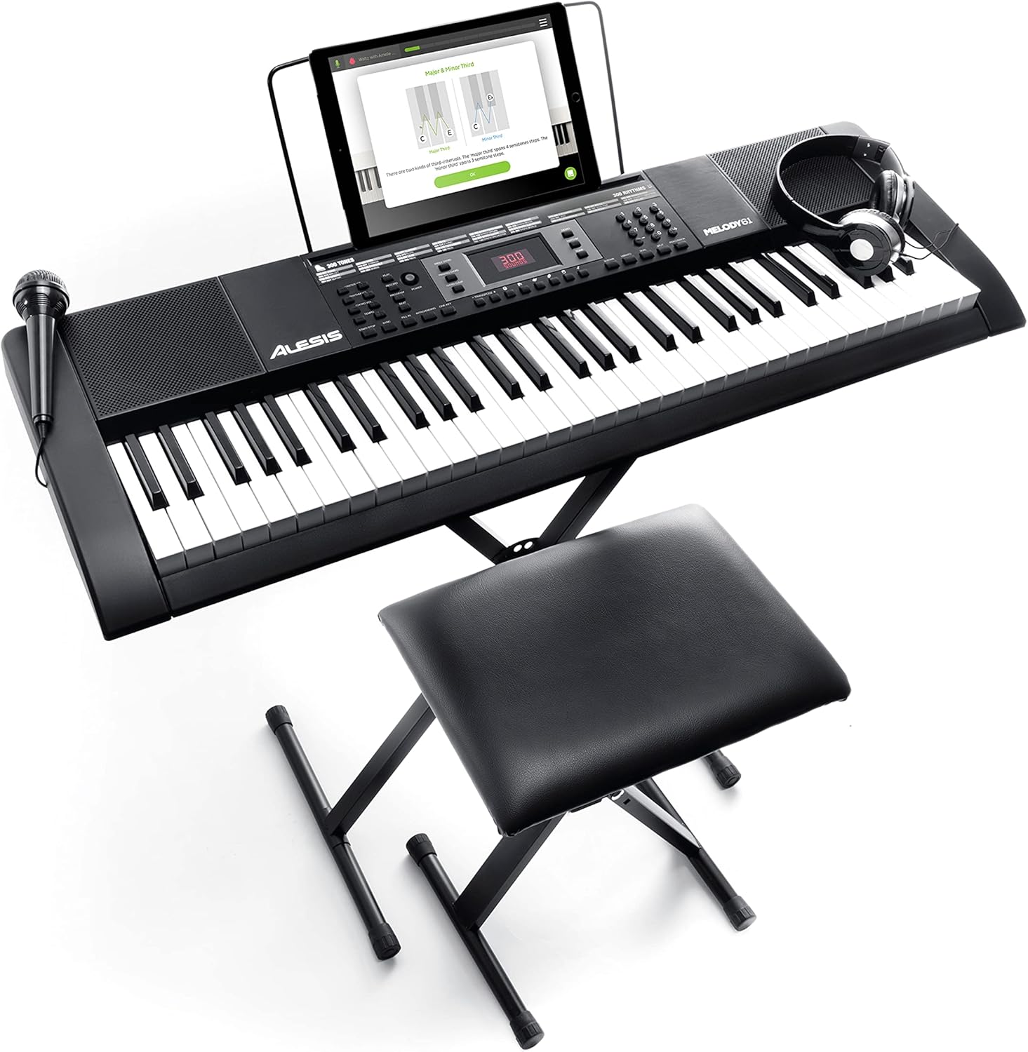 Alesis Melody 61 Key Keyboard Piano with 300 Sounds, Speakers, Digital Piano Stand, Bench, Headphones, Microphone, Music Lessons and Demo Songs