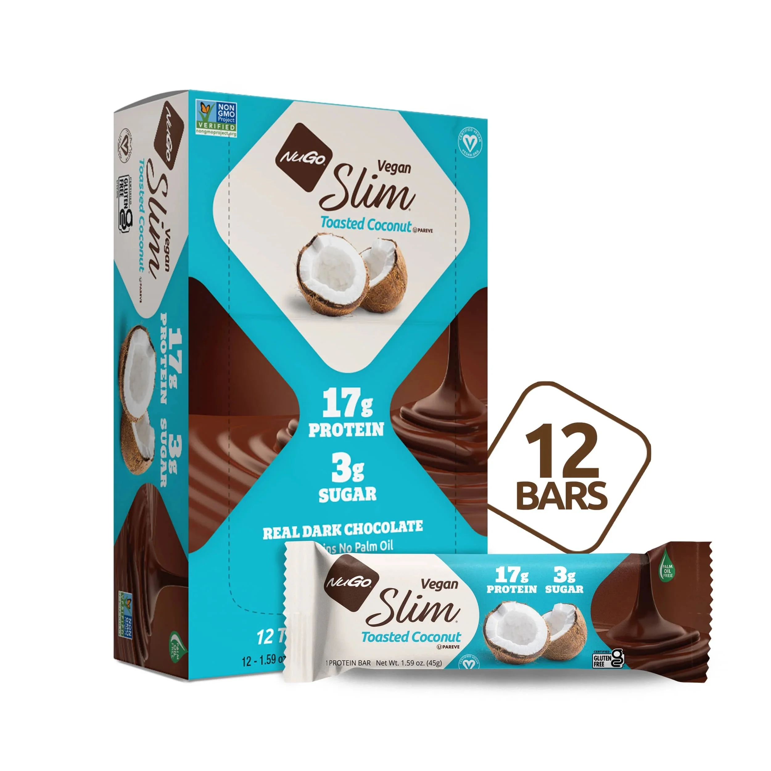 NuGo Slim Dark Chocolate Toasted Coconut, 16g Vegan Protein, 3g Sugar, 7g Fiber, 190 Calories, Low Net Carbs, Gluten Free, 12 Count