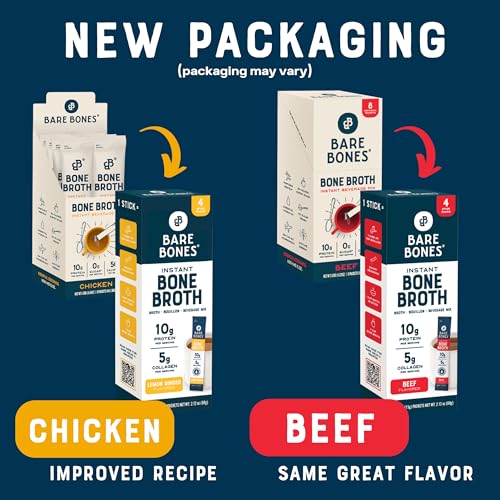 Bare Bones Bone Broth Instant Powdered Beverage Mix, Chicken & Beef, Variety Pack of 32, 16 Chicken & 16 Beef - 15g Sticks, 10g Protein, Keto & Paleo Friendly