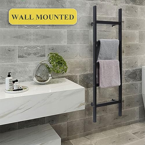 FUIN Wall Mounted 57in Wooden Blanket Ladder Living Room Decorative Farmhouse Quilt Display Holder Rustic Wood Towel Rack for Bathroom, Black