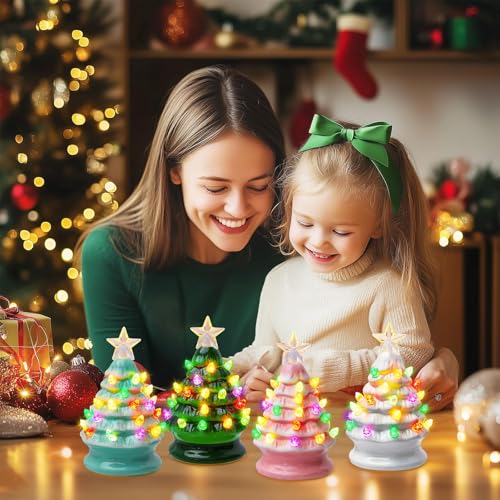 Brightown 5 Inch Mini Ceramic Christmas Tree Set - 4 Pack Pre-lit Tabletop Christmas Tree with Multicolored LED Lights, Battery Operated Small Lighted Tree for Home Office Table Holiday Decorations