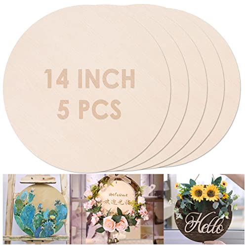 5PCS 14Inch Wood Circles for Crafts, Cutouts Blank Round Wood Slice Unfinished Wooden Slices Blank Round Wooden Circles, Wood Circles for Painting, DIY Door Hanger, Home, Holiday Decor 3 mm Thick
