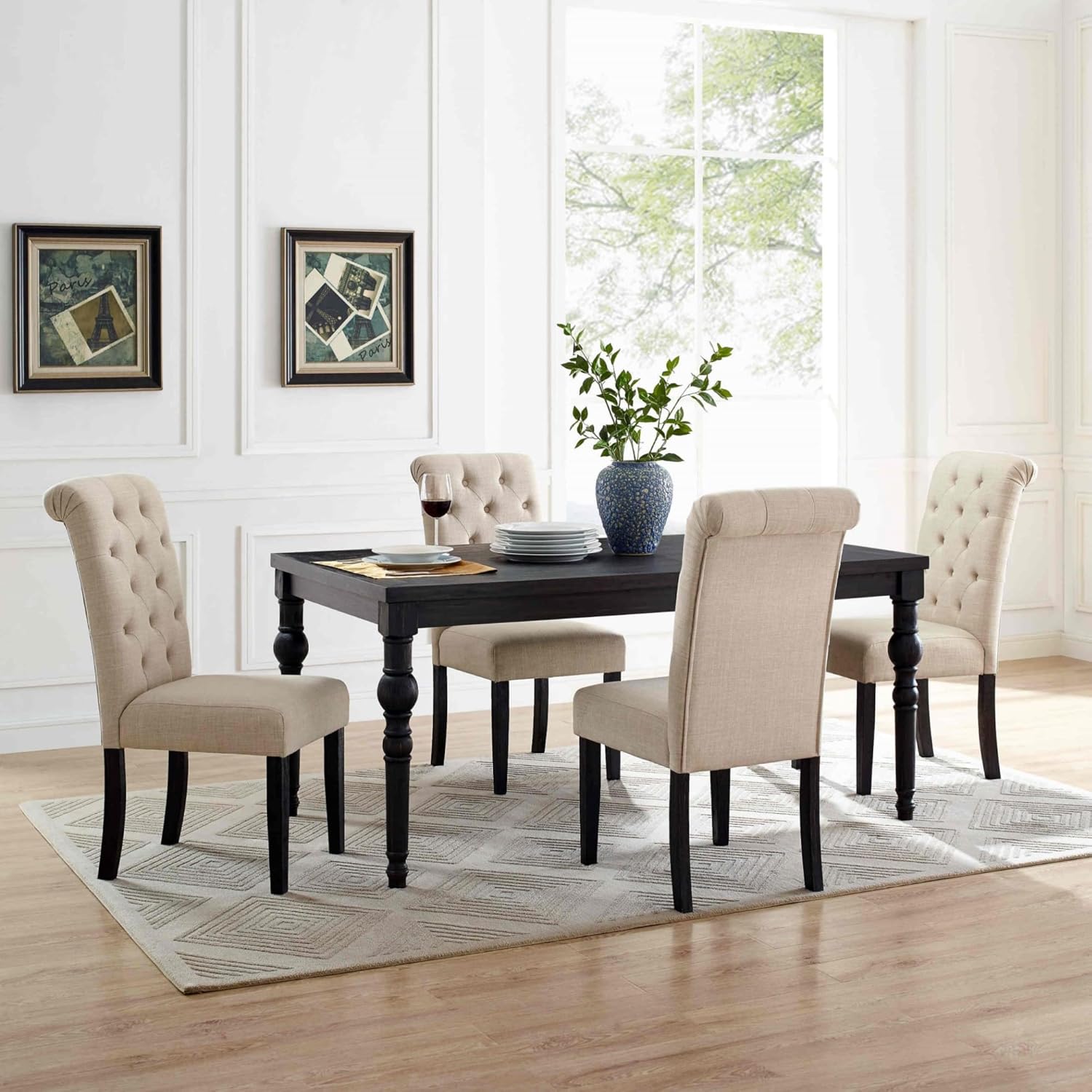 5-Piece Solid Wood Dining Table Set with 4 Upholstered Chairs Traditional Style Kitchen Furniture with Eye-Catching Turned Legs and Rich Wood Grain Finish Perfect for Dining Room and Kitchen