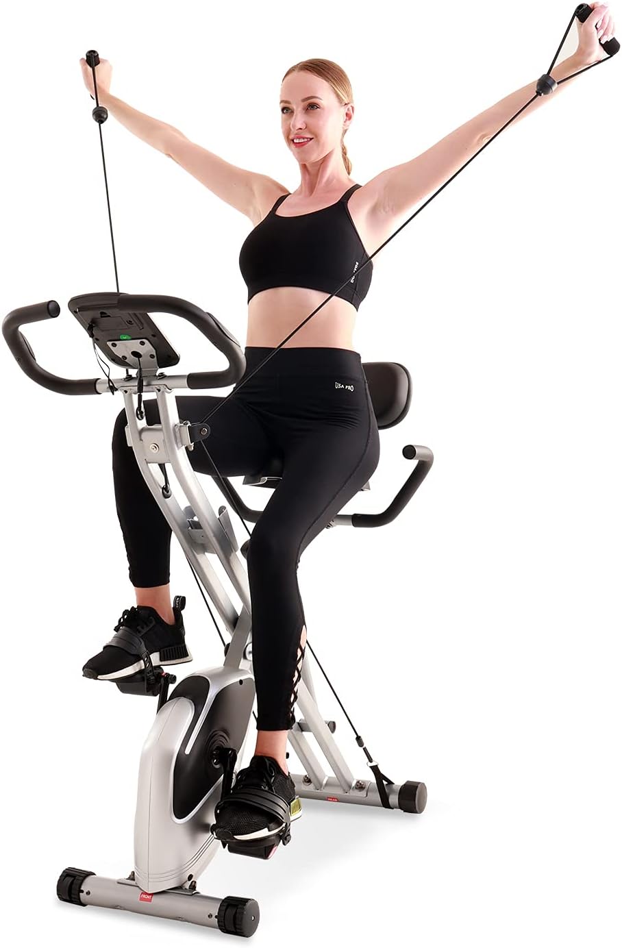 Davcreator Foldable Fitness Exercise Bike, Magnetic Folding Indoor Exercise Bicycle, 2-in-1 Recumbent & Upright Stationary Bike with Arm Workout for Home