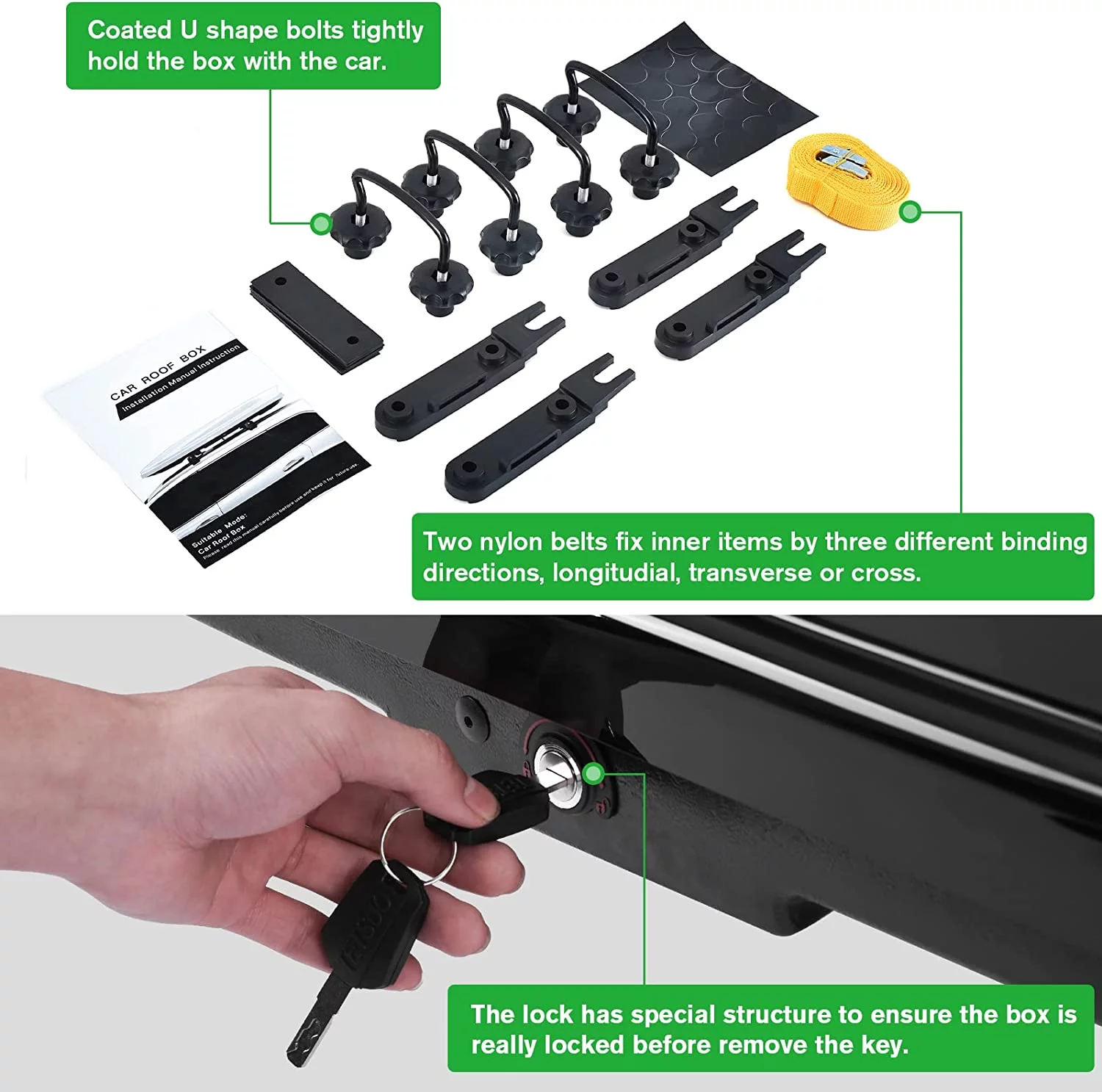 Large Hard Shell Carriers Rooftop Cargo Box with Key Lock 62 (L) x 31 (W) x 15(H) 15 Cubic Feet, Waterproof Heavy Duty Universal Roof Rack Tool-Free Install, Black