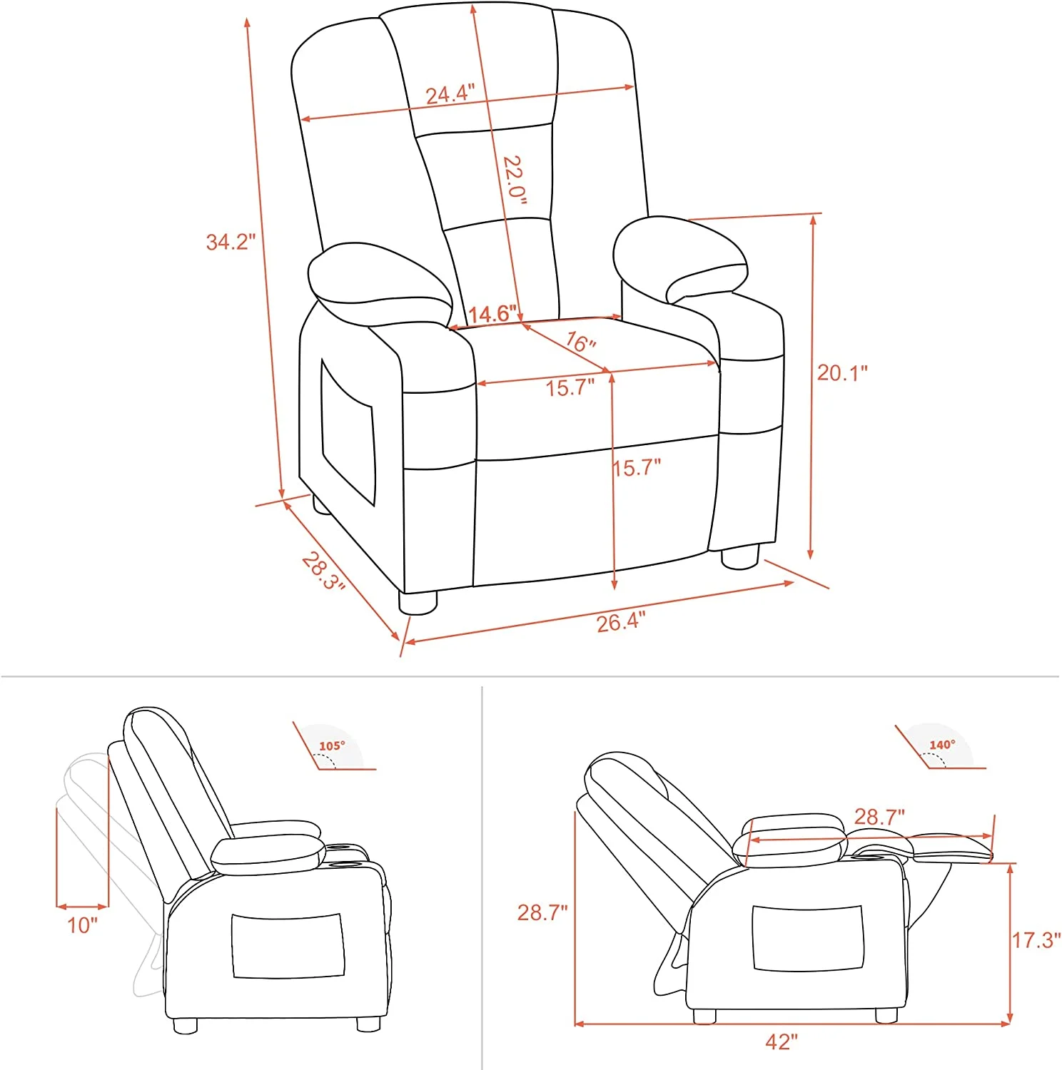 Big Kids Recliner Chair with Cup Holders for Toddler Boys and Girls, 2 Side Pockets, 3+ Age Group, Faux Leather 7322 (Violet)