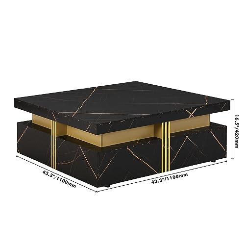 39.4'' Square Coffee Table, Marble Veneer Coffee Table Sliding Top with Storage, Wood Coffee Table Cocktail Table with 4 Hidden Storage Compartment for Living Room Home Office (Walnut * 147)