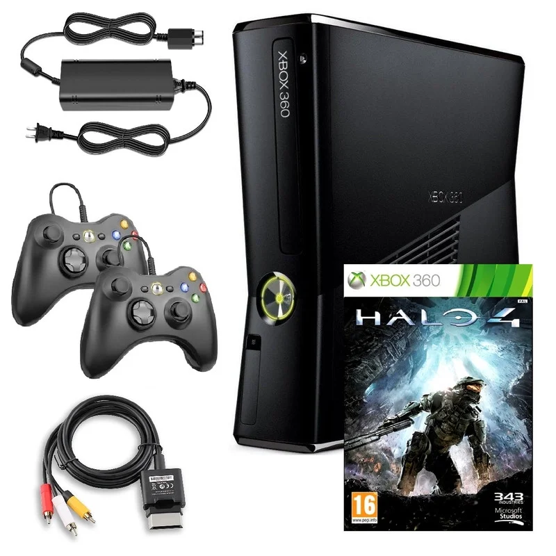Restored Xbox 360 S 4GB Game Console Black with Halo 4 and 2 Retrofam Black Controllers (Refurbished)