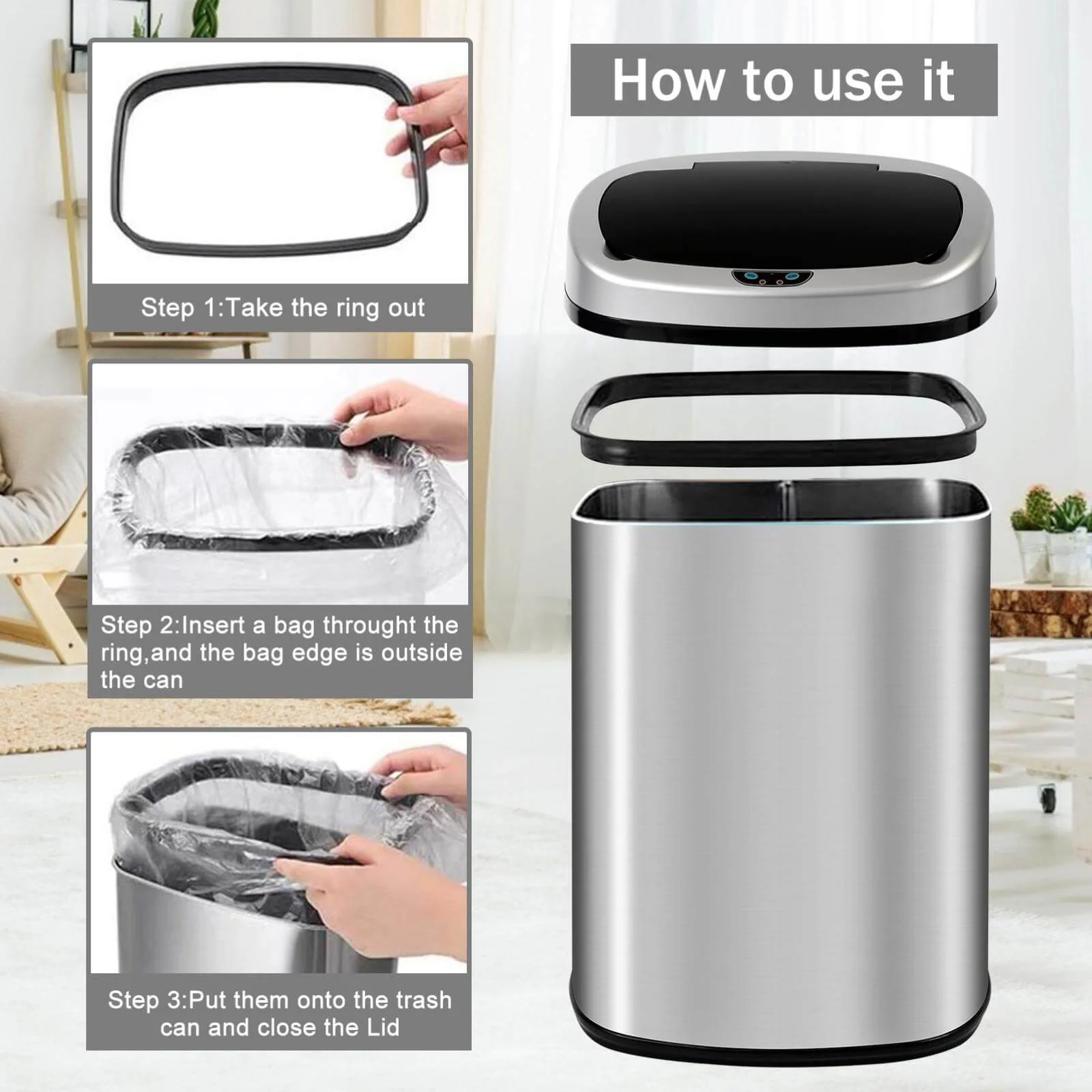 NiamVelo Kitchen Trash Can with Lid, 13 Gallon Automatic Stainless Steel Garbage Can with Touch-Free & Motion Sensor, Anti-Fingerprint Mute Designed Waste Bin for Office Home, Silver