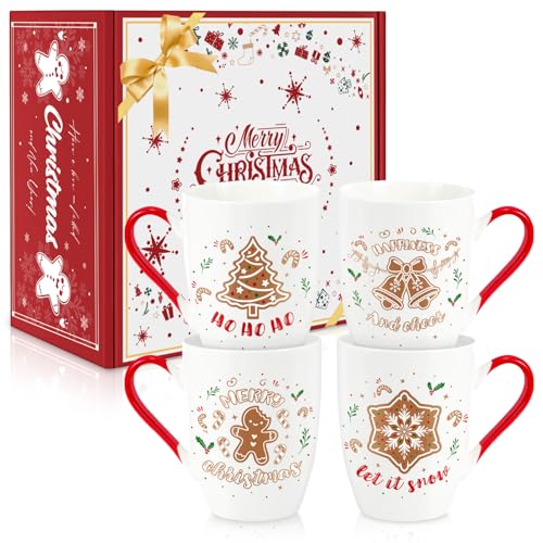 Classic Christmas Coffee Mug Set of 4, 12 oz Gingerbread Man Coffee Mug with Handle, Hot Cocoa Ceramic Mugs with Gift Box for Mom Woman Family Friends Colleagues