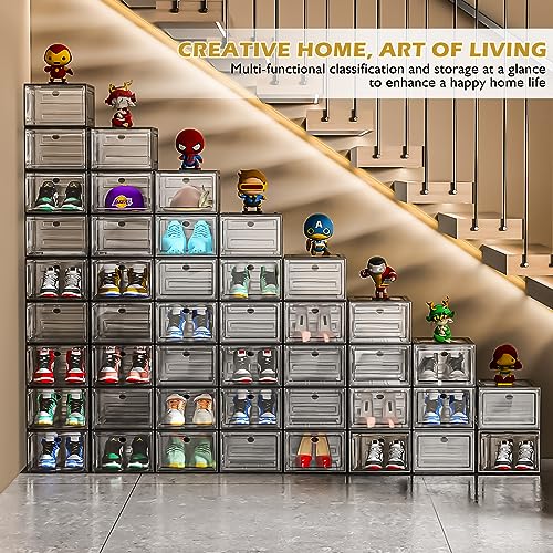 Thicken & Sturdy Clear Shoe Storage Organizer with Magnetic Door, Stackable Boxes for Closet, Foldable Space-Saving Shoe Rack for Sneaker Boot Container, Plastic Shoe Cabinet Shoe Box 6 Pack, White