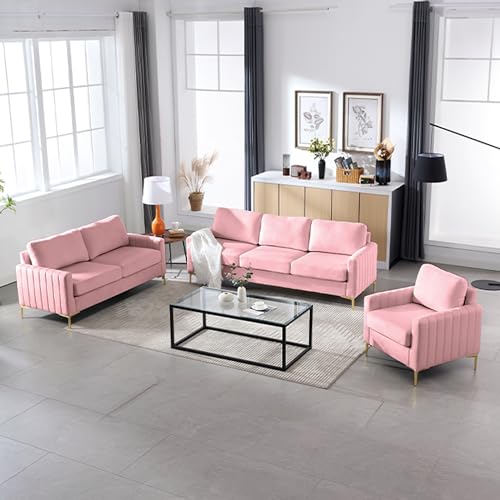 Pink Couches for Living Room Set, Comfy Tufted Velvet Couch Sofa Set Muebles Para Sala Modernos Juego De Sala Modern Living Room Furniture Sets 3 Piece ( 3 Seater Couch and Loveseat and Chair)