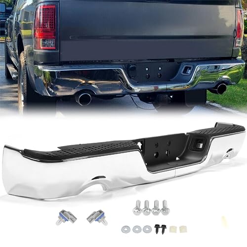 Rear Bumper Compatible with 2009-2018 Dodge Ram 1500, 2019 Ram 1500 Classic, Step Bumper with Parking Sensor Hole&Vent Hole, Chrome Bar Assembly (Model B)