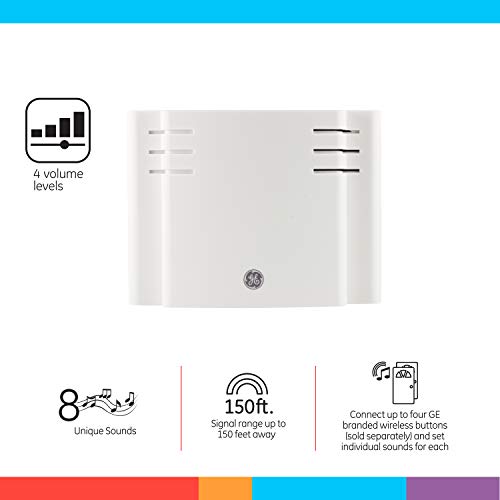 GE Wireless Doorbell Kit, 2 Push Buttons Door Bells for Homes, 8 Melodies Door Chime with 4 Volume Levels, Battery Doorbell Chime, Room Doorbell with 150 Ft Range, White, 19297