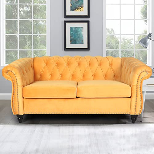 RARZOE Traditional Chesterfield Loveseat Sofa, Modern Vintage Chesterfield Button Tufted Velvet Couch with Nailhead Trim Scrolled Arms for Living Room Bedroom Office(Blue)