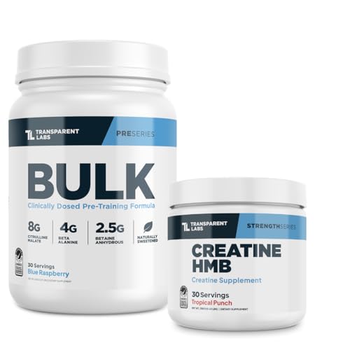 Transparent Labs Bulk Pre-Workout Powder (30 Servings, Blue Raspberry) & Creatine HMB (30 Servings, Tropical Punch)