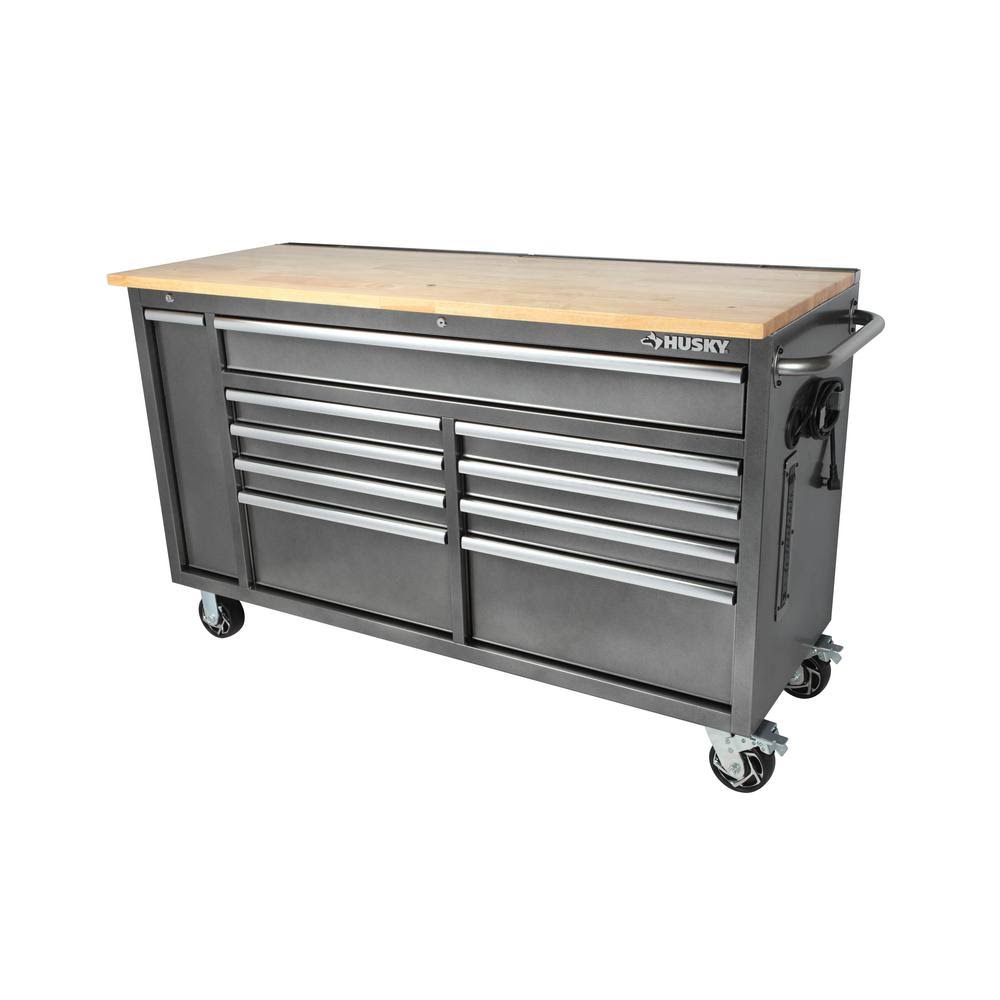 Husky 61 in. W 10-Drawer, Deep Tool Chest Mobile Workbench in Metallic Silver Wi