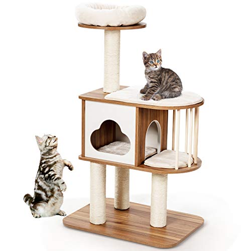 Tangkula Modern Wood Cat Tree, 46 Inches Cat Tower with Platform, Cat Activity Center with Scratching Posts and Washable Cushions, Wooden Cat Condo Furniture for Kittens and Cats (Light Grey)