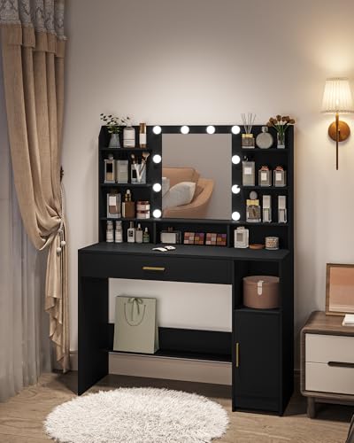 Vanity Desk with Mirror and 10 LED Lights, 3 Levels of Adjustable Brightness, Dresser Table with Hidden and Open Shelves, Makeup Vanity with Oversized Drawers and Cabinets (Black)