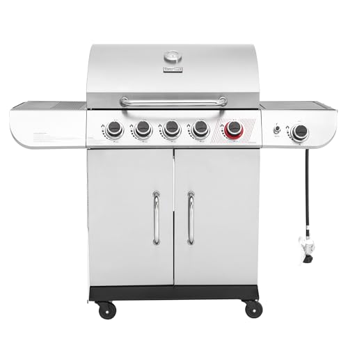 Royal Gourmet SG5002 5 Burner Propane Gas Grill with Side Burner & Sear Burner, Stainless Steel Gas Grill with 61,000 BTUs Output for Outdoor Patio Garden Backyard Cooking, Silver