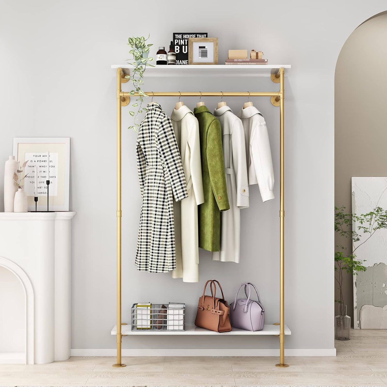 HOMEKAYT Industrial Pipe Clothing Rack Wall Mounted Garment Rack with 2-tier Wooden Shelves Vintage Hanging Rack for Bedroom, Living room-Gold