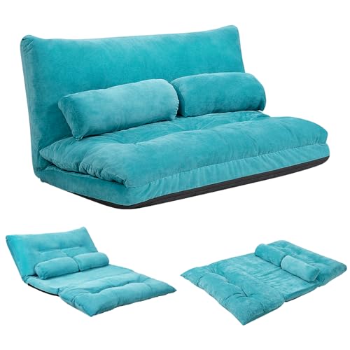 KOMFOTT Foldable Floor Lazy Sofa with 2 Pillows, 6-Position Adjustable Reclining Sofa Sleeper Bed, Convertible Futon Couch Bed, Floor Couch Lounge for Relaxing, Reading, Playing, Gaming (Beige)