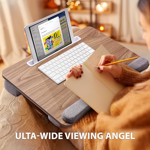 Lap Desk for Laptop with Extra Storage Pocket, Lap Desk with Cushion&Phone Holder for Home Office School, Portable Laptop Lap Desk Fits up to 17 Inch Laptops with Anti-Slip Strip & Wrist Rest Brown