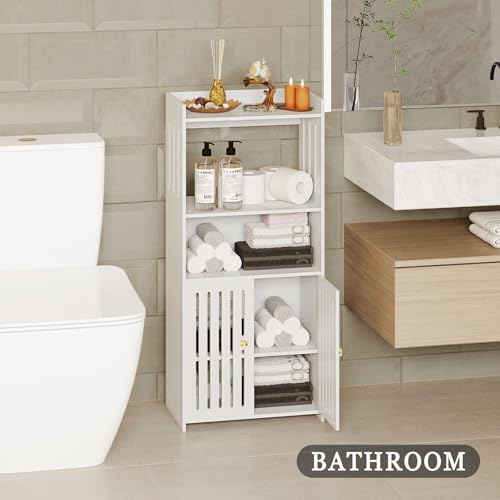 Bathroom Storage Cabinet, 4-Tier Small Floor Cabinet Freestanding Organizer with Door for Living Room Hallway Small Space, White