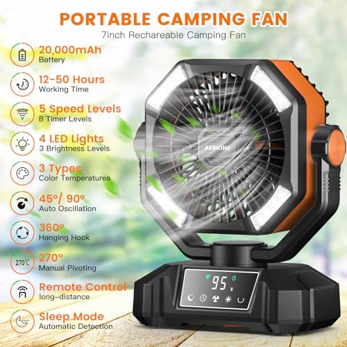 Camping Fan Rechargeable Battery Powered - 20000mAh Portable Tent Fans With LED Lantern Light, Oscillating Camp Fan With Remote,Dual High-Speed Motor&Dual Blade(BlackOrange)