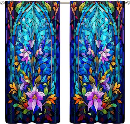 Stained Glass Abstract Flowers Curtains Mid Century Vintage Bohemian Design Curtain with Rod Pocket for Bedroom Living Room Home Decor Drapes Window Treatments 2 Panels Set 42x63in