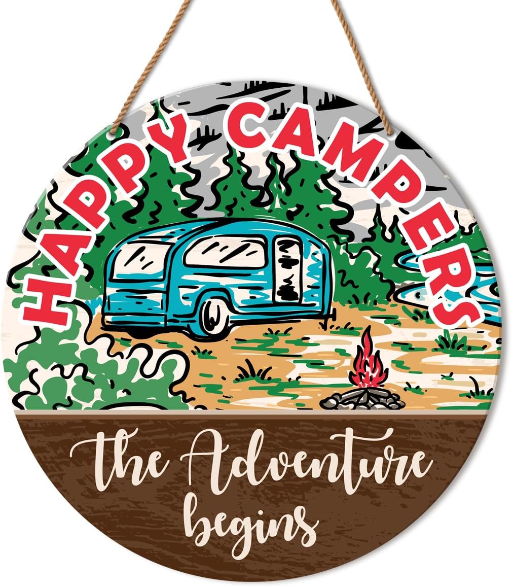 Camping Wall Decor Signs, Camping Signs for Campers Campsite Inside Cabin Camp Hanging Sign Decor RV Motorhome Accessories Decorations Gift for Camper Camping Lover, Happy Camper The Adventure Begins