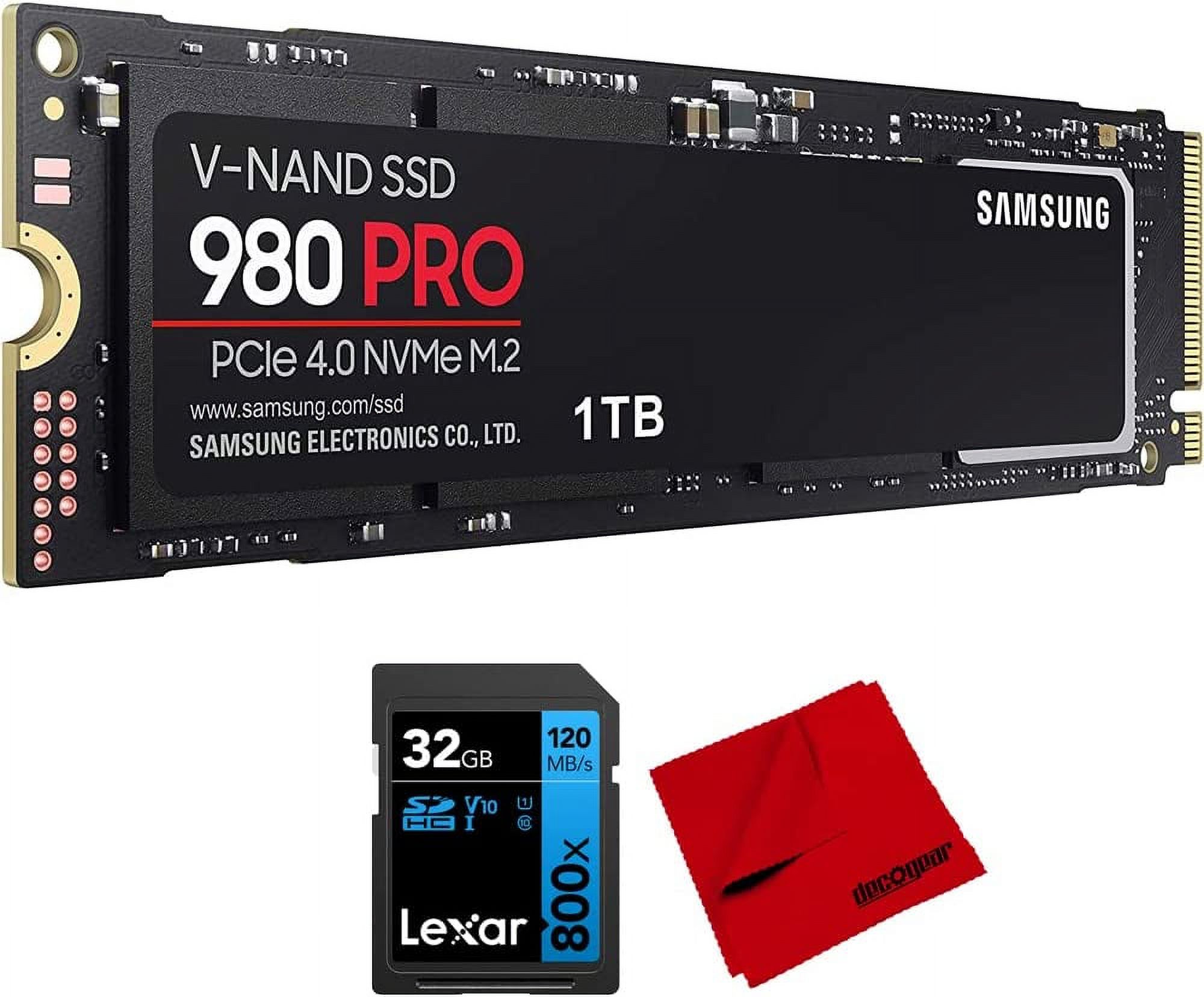 Samsung MZ-V8P1T0B/AM 980 PRO PCIe 4.0 NVMe SSD 1TB Bundle with Lexar 32GB High-Performance 800x UHS-I SDHC Memory Card + Deco Photo 6 x 6 inch Microfiber Cleaning Cloth