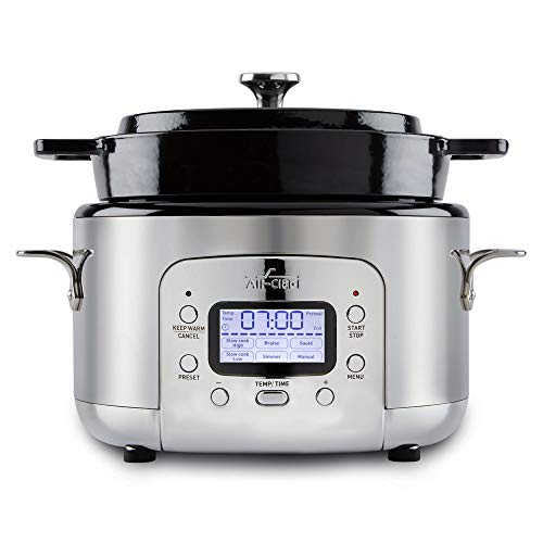 All-Clad 5 Quart 7-in-1 Electric Slow Cooker with Stainless Steel and Cast Iron, 1200W - Black Enamel Crock