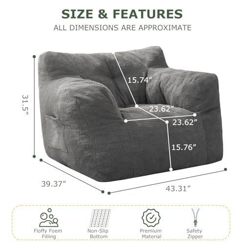 HIGOGOGO Giant Bean Bag Chairs for Adults,Big Comfy Chair Sofa for Bedroom Living Room, Large Lazy Bean Bag Chair with Pocket Armrests for Gaming, Reading