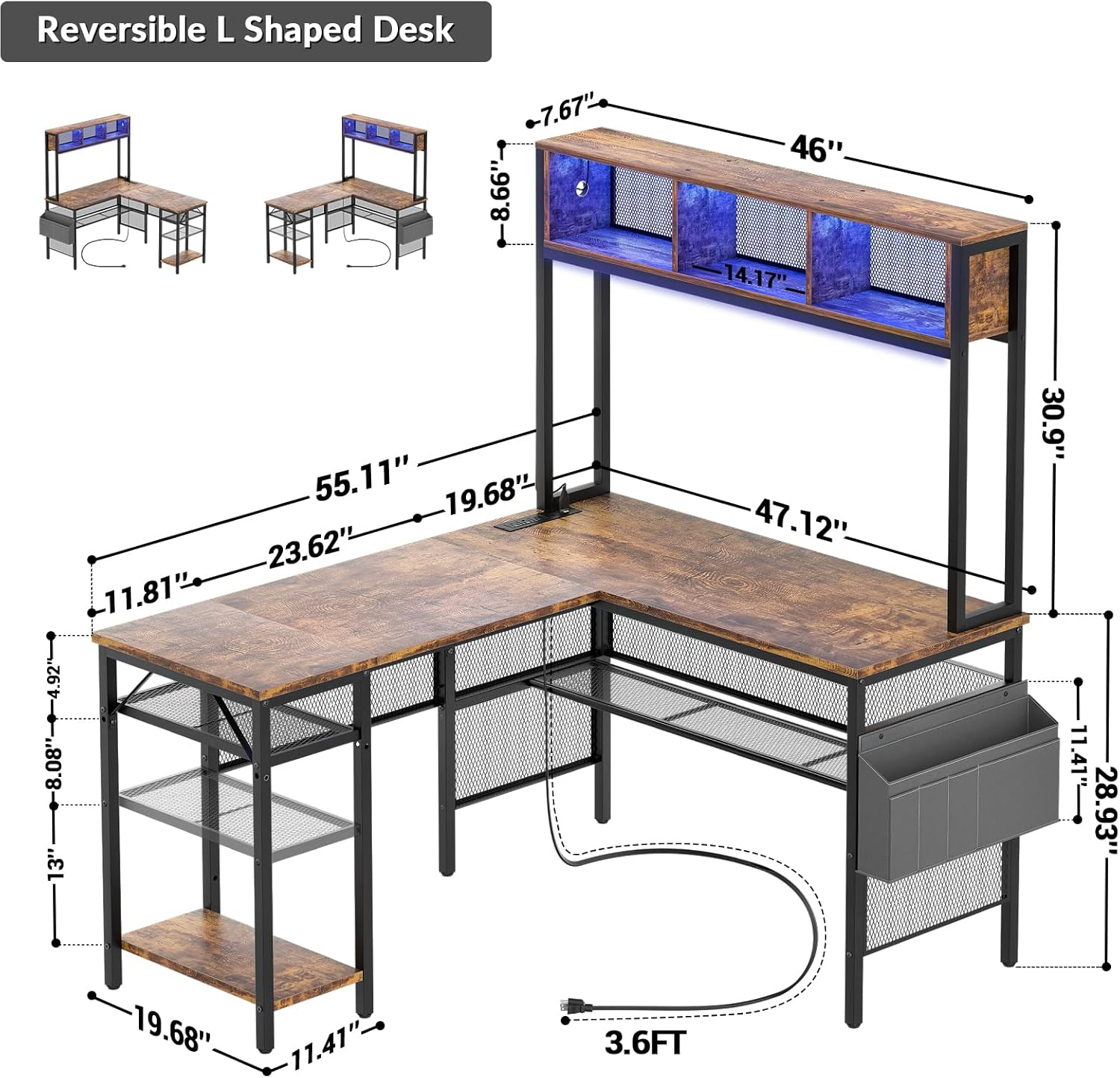 Aheaplus L Shaped Gaming Desk with LED Lights & Power Outlets, 55 Inch L-Shaped Computer Desk with Storage Shelf & Monitor Stand, Corner Desks 2 Person Reversible Desk Home Office Desk, Rustic Brown