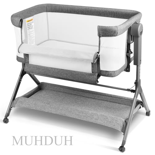 3-in-1 Baby Bassinet, Bedside Bassinet Sleeper, Rocking Bassinet with Comfy Mattress&Breathable Mesh, 6-Height Adjustable, Quiet Moveable & Easy-Assembly Grey Crib, 0-5 Months Baby