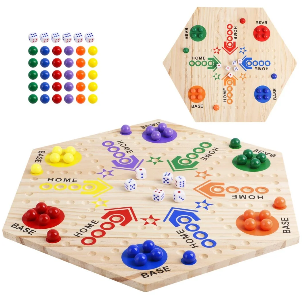 Marble Board Game, Double-Sided Wooden Board Game, Colorful Wahoo Marble Ludo Game Kit for 2-6 players