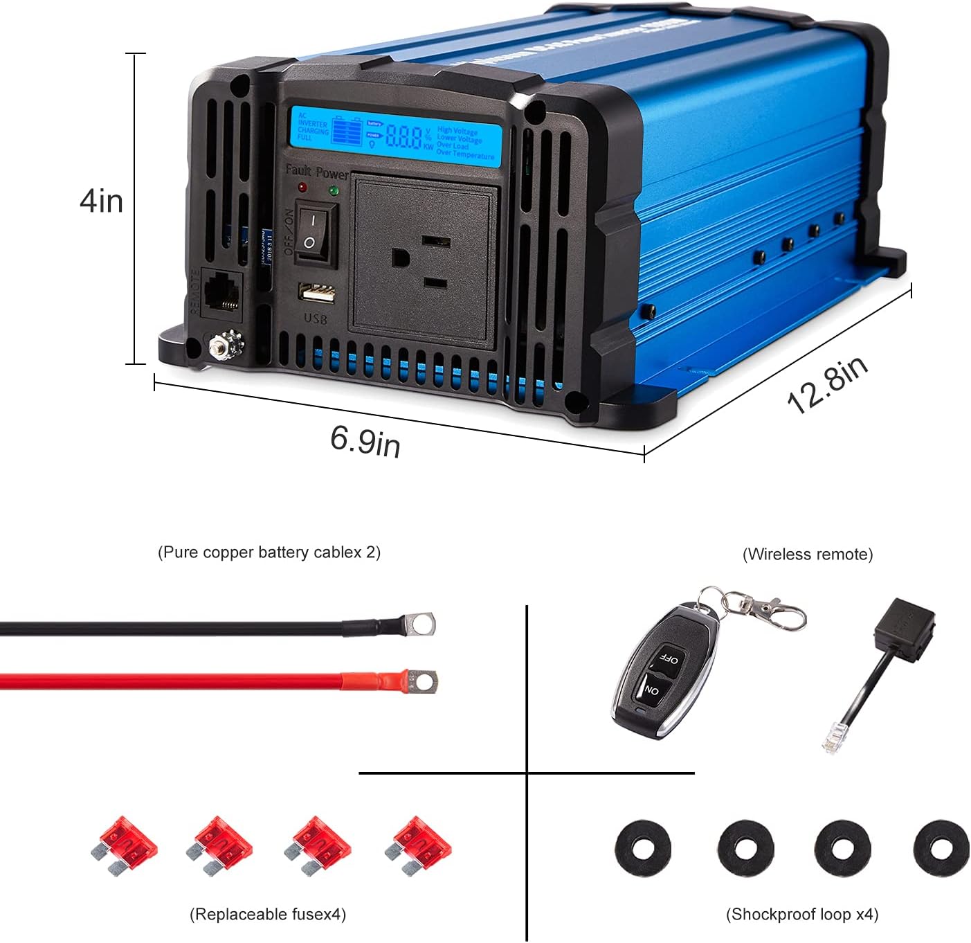 1000 watt Inverter Pure Sine Wave Power Inverter 12V to 110V Inverter DC to AC with Remote Controller and Display and USB Charger