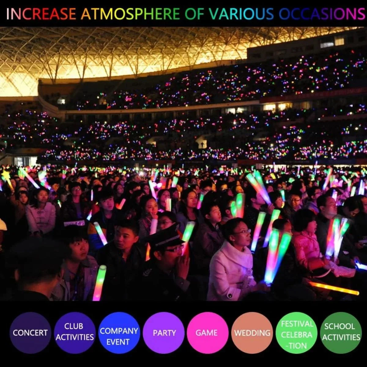 100PCS LED Foam Sticks, 18in Glow Foam Sticks Wands Batons DJ Flashing Glow Sticks 3 Modes Flashing Changing Glow in The Dark Party Supplies