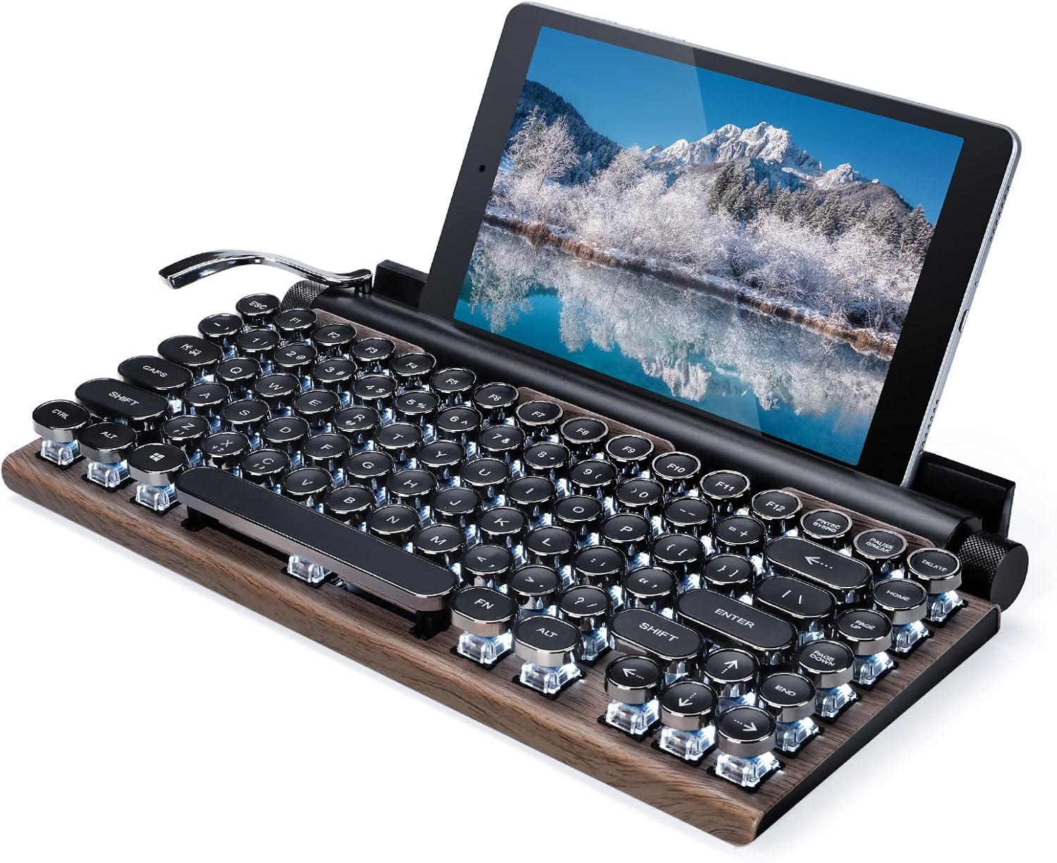 Retro Typewriter Keyboard with White Lighting, Multi-Device Bluetooth Wireless & Wired Aesthetic Mechanical Keyboard for Computer/Laptop/Tablets, Vintage Keyboard with Cradle for Windows/Android