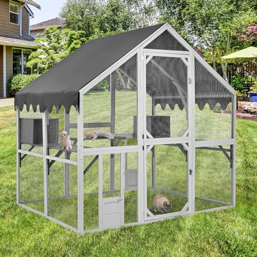 Catio Outdoor Cat Enclosure House Large for Multiple Cats, Wooden Cat Condo Cage for Outside with Waterproof Roof, Playpen, Resting Box, Platform, Bridges, Doors, 74”x57”x74”, Gray