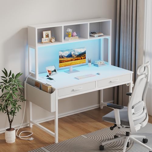 Black Gaming Desk with Hutch and Shelves - Gaming Computer Desk with 2 Storage Drawers, LED Light and Power Outlets, 47 Inch Working Modern Writing Study Desks for Bedroom Home Office