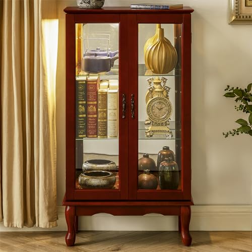 TRIPLE TREE Display Lighted Cabinet with Glass Doors and Adjustable Shelves, Curio Showcase China Figures Collection Art Wood Storage Case for Bar Living Room Kichen Pantry (Bulb Excluded), Oak