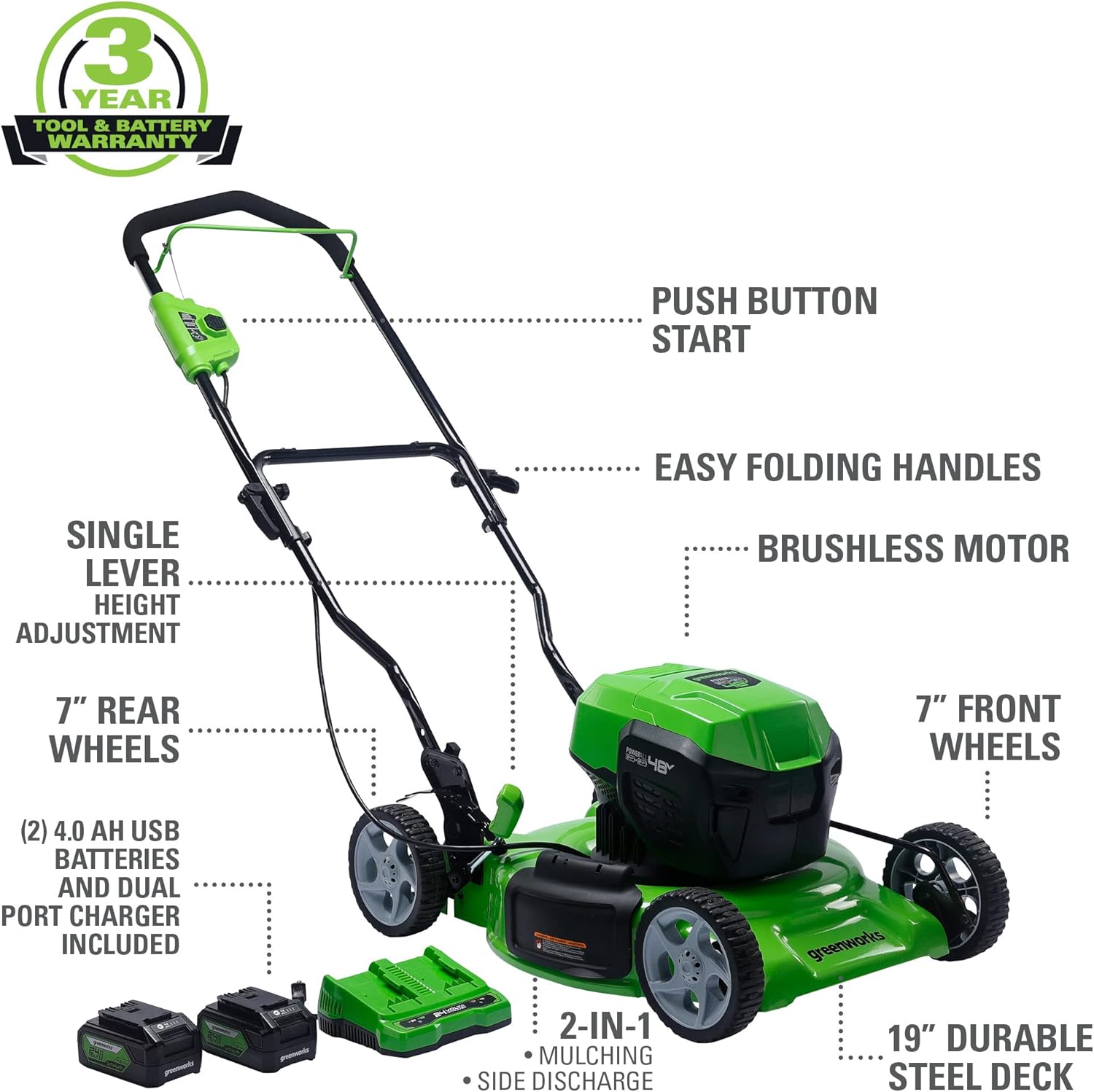 Greenworks 2 x 24V (48V) 19” Brushless Cordless Lawn Mower, (2) 4.0Ah Batteries and Dual Port Charger Included