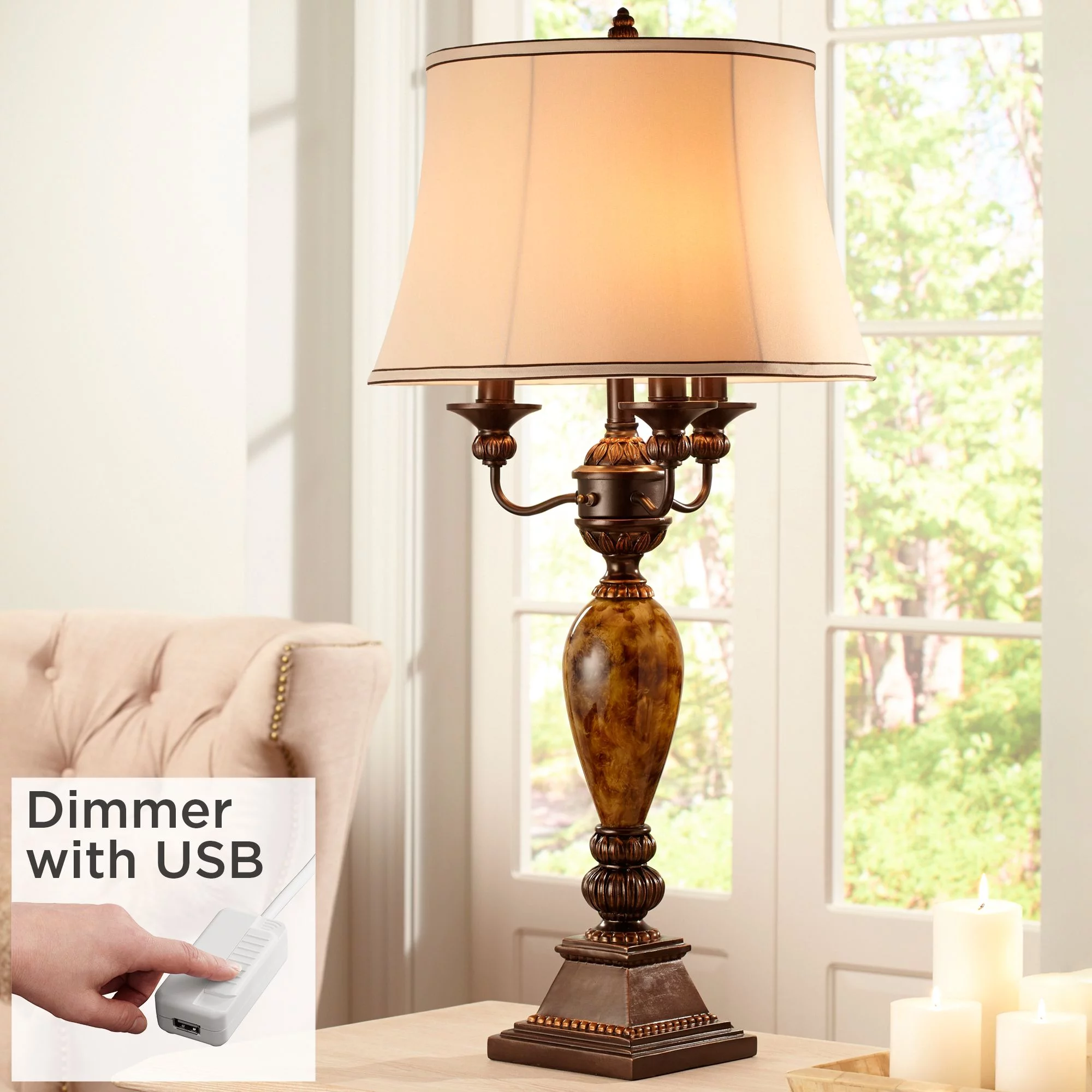 Kathy Ireland Traditional Table Lamp with White USB Dimmer Cord 37