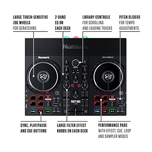 DJ Controller Bundle - USB DJ Set with Party Lights, 2 Decks, DJ Mixer, Audio Interface and DJ Headphones - Numark Party Mix II and HF175